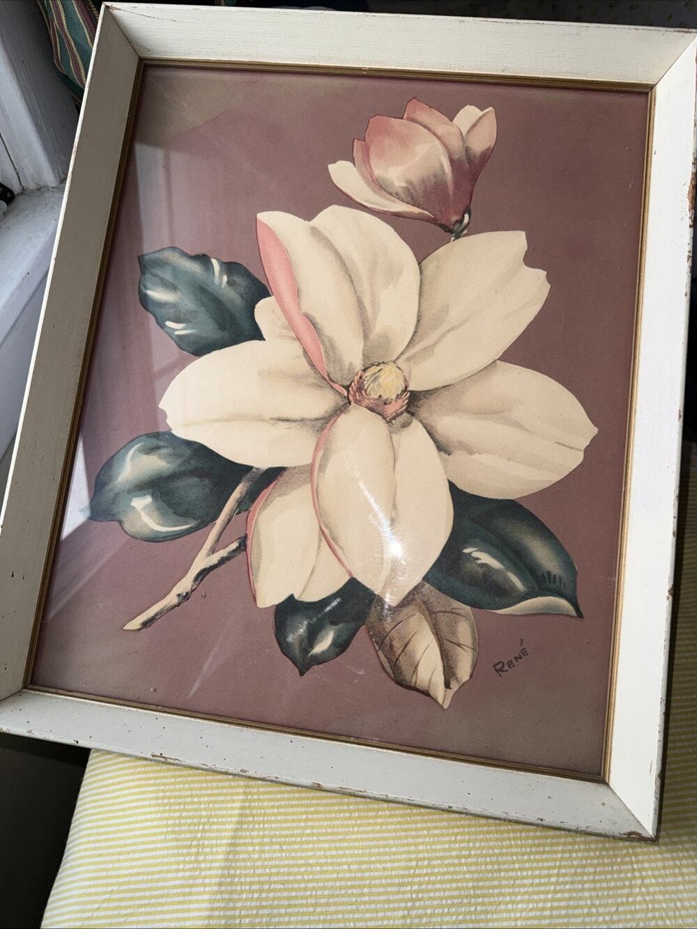 Vintage Framed Rene Magnolia Floral Print MCM Boho Flower Art Decor 17” X 14”